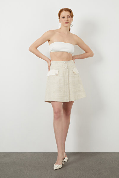 GİZİA Düğme Detaylı Ekru Mini Etek