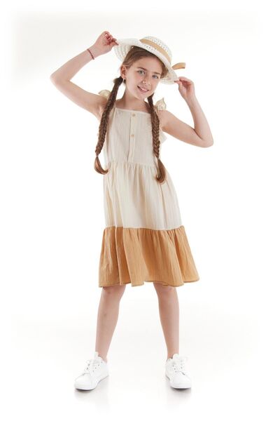 AHENGİM Dívčí letní šaty s knoflíky a kloboukem Ak2516