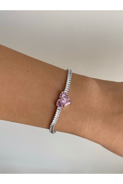 Owentis سوار سبيكيساي من الفولاذ الفضي والوردي على شكل قلب - لا يسبب التشويه -