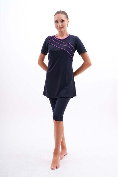 ASLINUR Navy Blue Lycra Sea Swimsuit - Striped and Semi Covered Hijab Swimsuit