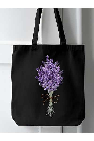 Cemira Geantă de tote groasă neagră cu design lavandă - geantă din pânză, geantă pentru cumpărături