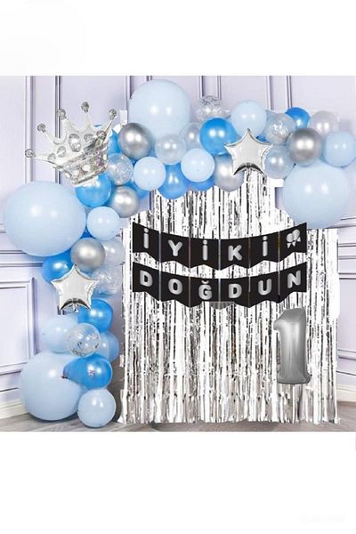 DÜVENCİ TİCARET 1 Year Silver Blue Starry King Crowned Balloon Chain Birthday Set - Happy Birthday