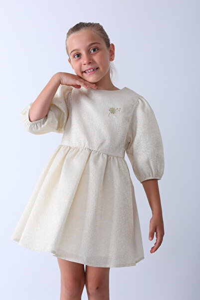 piamini Sarı Jakarlı  Kumaş Kız Çocuk Parti Elbisesi