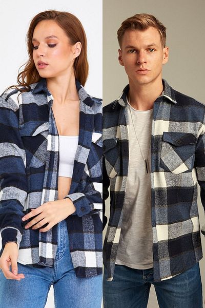 COOL TARZ Cămașă unisex albastru închis-alb slim fit lumberjack cu clapă de buzunar