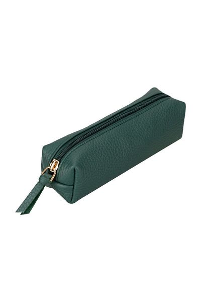PLM Real Leather Pencil Case, Handmade Zippered Case, Pine Green