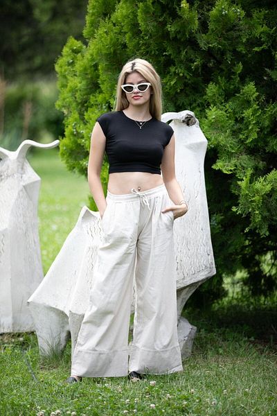 OlaFre Double Leg Linen Trousers, Elastic Waist Linen Trousers