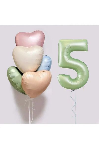 DÜVENCİ TİCARET 5 Pieces Water GreenRetroHeart Patterned Foil Balloon Bouquet Set - Ornament for Birthday