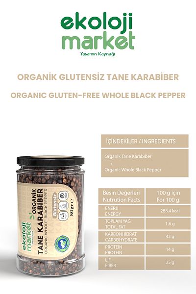 Ekoloji Market Organic Gluten-Free Grain Black Pepper - 80 Gr X3 / Organic Gluten-Free Whole Black Pepper - 80 Gr X3
