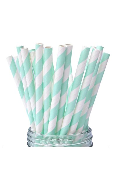 parti pera Mint Yeşili Çizgili 24 Adet Kağıt Pipet