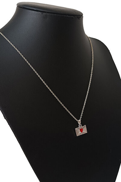 BİJUTERİ EVİ Silver Heart Necklace with Red Envelope Figure