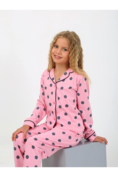 vitmo Kız Çocuk Uzun Kollu %100 Pamuklu Düğmeli Pijama Takımı Soft