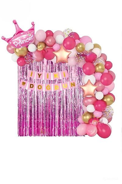 DÜVENCİ TİCARET Pink and White Star Pattern - Queen Crown Birthday Balloon Chain Set