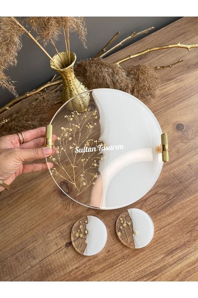 Sultan Tasarım Yuvarlak Yüzük Yükselticili Iki Kişilik Söz Nişan Damat Epoksi Sunum Tepsisi - 24 Cm Çap