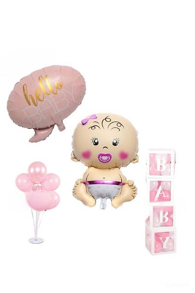 DÜVENCİ TİCARET Luxury Hospital Decoration Set for Baby Girl - Hello Baby Foil 4 Baby Box and 7-Piece Stand