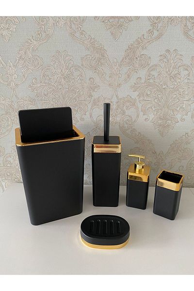 Trend Banyo Mutfak 5 Pieces Black Gold Matte Bathroom Set / Wc Brush Holder, Liquid - Solid Soap Dispenser, Dustbin, Toothbrush Holder