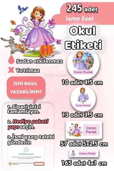 Sticker Ekspres Okul Etiketi Prenses Sofia Kalem Defter Etiketi 245 Adet İsim...