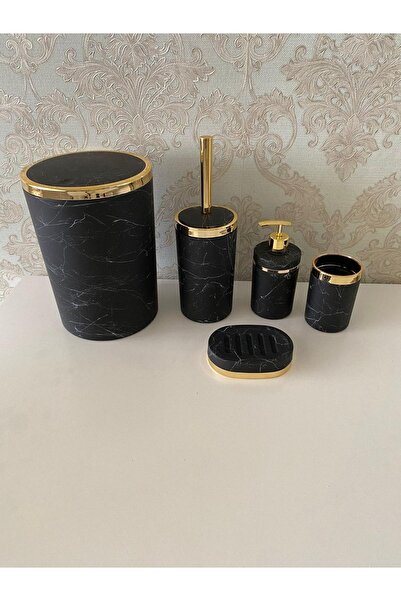 Trend Banyo Mutfak طقم حمام مكون من 5 قطع بنمط رخامي / حامل فرشاة المرحاض، سائل - طبق صابون صلب، سلة المهملات، حامل فرشاة الأسنان