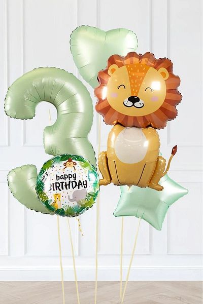 DÜVENCİ TİCARET Birthday Green Retro Safari Balloons - Cute Lion Party Set