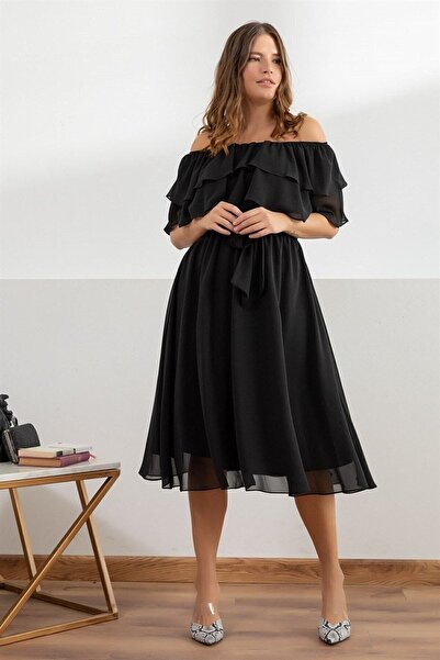 Bersi Butik Γυναικείο φόρεμα σιφόν με γιακά Carmen