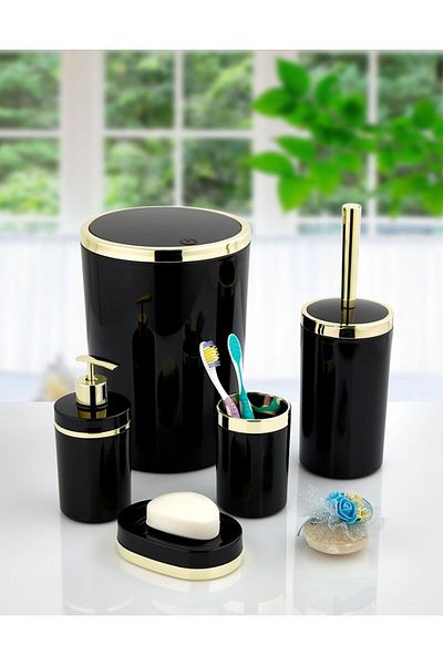 Trend Banyo Mutfak 5 Pieces Acrylic - Gold Stripes and Round Bathroom Set, Black