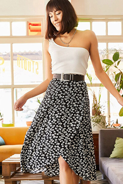 MissKybele Beli lastikli Yırtmaçlı Anvelop Rahat Kesim Normal Bel Yonca Desen...