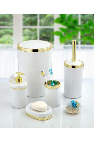 Trend Banyo Mutfak White Gold Round Bathroom Set 5 Pieces
