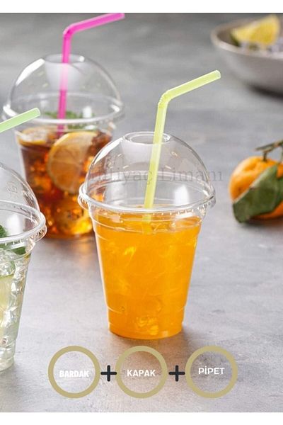 Miopack 350 Cc Plastic Pet Lemonade Milkshake Cup with Lid and Straw 50pcs