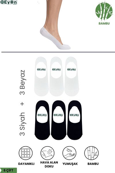 EYON SOCKS 6-piece Bamboo Women's Ballerinas - White, Black, Anti-slip, Invisible and Silicone Heel Pack