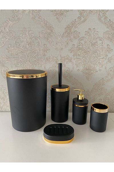 Trend Banyo Mutfak 5 Pieces Black Gold Matte Bathroom Set / Wc Brush Holder, Liquid - Solid Soap Dispenser, Dustbin, Toothbrush Holder