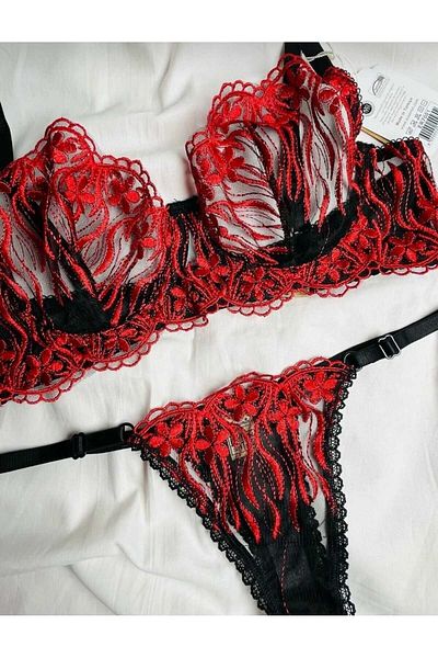Olivia Red Black Daisy Patterned Adjustable Clasp Women's Bralette and Bra Set - BRODE - WIRE