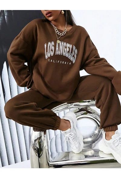 QUEENSTOWN Los Angeles Printed - Σετ φόρμας καφέ Oversize, Crew Neck, 3 νήματα