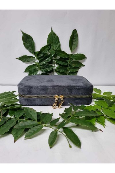 Gold Box Large Size Jewelry Storage Box And Travel Bag THAI FEATHER VELVET FABRIC GRAY (21X14.5X5)
