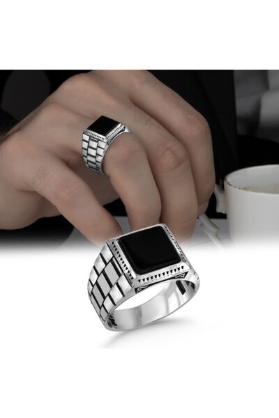 Argento Silver Black Onyx Stone Taşlı 925 Ayar Gümüş Erkek Yüzük