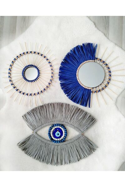 GLSTN By Bohostore Nazar boncuklu rafya ayna seti, Bohem konseptli ayna , Bam...