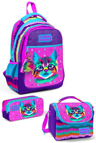 Yaygan Coral High Kıds Purple Pink Cat Patterned 3-Piece School Bag Set Set01...