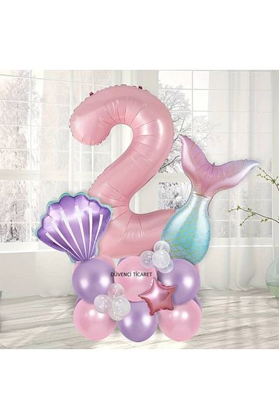 DÜVENCİ TİCARET 24 Pieces Mermaid Birthday - Ornament Shell Large Number Balloons Themed Parties