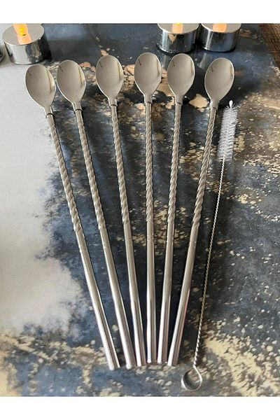 DİBA AVM 22 Cm 6-Piece Stainless Chrome Cocktail Bar Spoon and Cleaning Brush - Latte Set with Straw