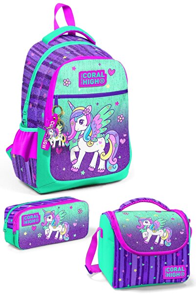 Yaygan Coral High Kids Mor Su Yeşili Unicorn Desenli 3’lü Okul Çanta Seti SET...