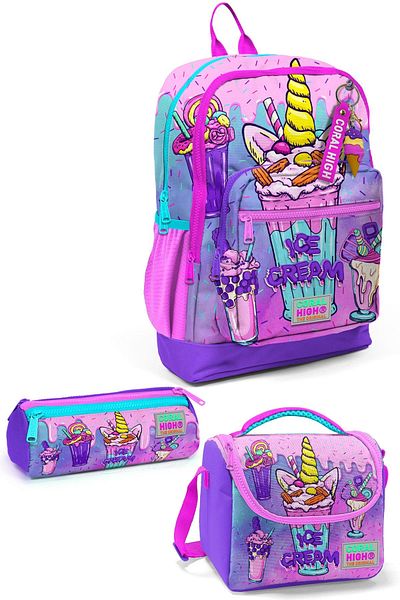 Yaygan Coral High Kids 3-piece School Bag - Pink, Purple, Milkshake Ice Cream Patterned Set 0123749