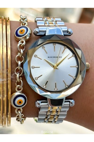 Navimarine Yellow/silver Colored Steel Cord Women's Wrist Watch and Evil Eye Beaded Bracelet