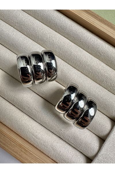 ringbox Silver Color Curved 3 Row Earrings