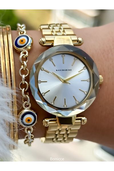 Navimarine Yellow Colored Steel Band with Evil Eye Beads Women's Bracelet and Wristwatch Set