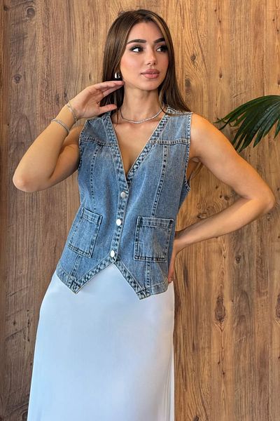 GÜLSELİ Vestă Jeans Denim - Albastru și cu buzunare