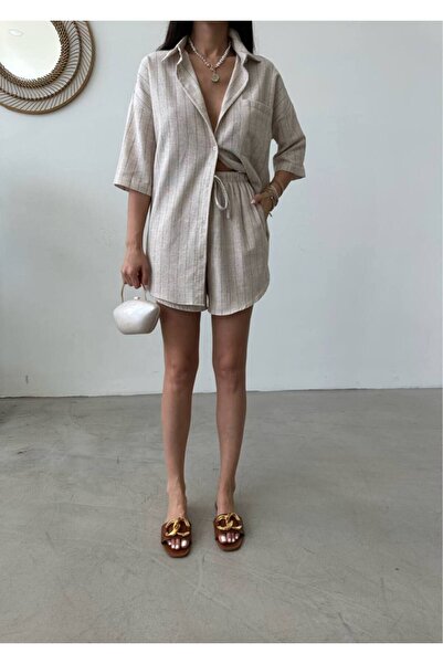 owwon Γυναικείο Μπεζ Διπλό Λινό Πουκάμισο Σορτς Κάτω Σετ