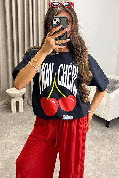 Jose Clothing Tricou oversize din bumbac organic cu imprimeu cireșe