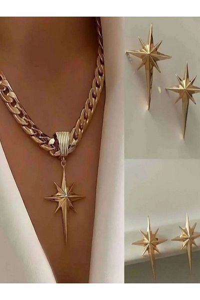 şira sirius Women's Trend Pole Star Gold Necklace and Earrings Set