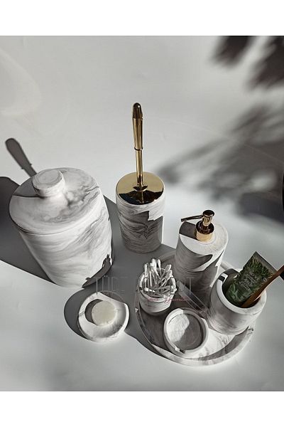 Ture Concept Marble Look Bathroom Set Trash Can, Toilet Brush, Tray, Soap Dish, Cotton Holder, Faucet Holder
