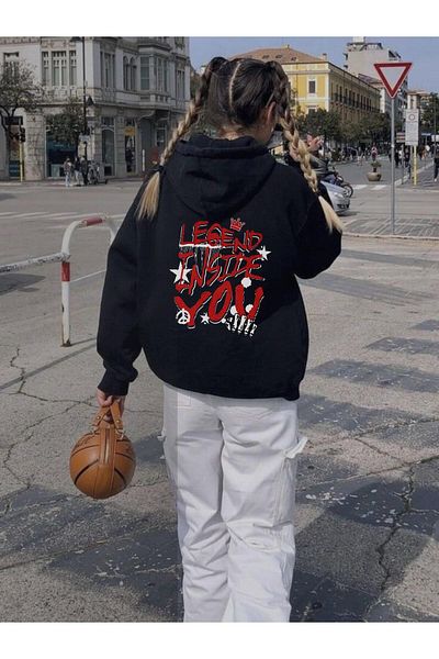 Touz Moda Μαύρο φούτερ με κουκούλα - Legend Inside You Printed