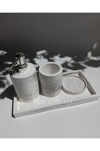 Ture Concept Marble Look Bathroom Set Rectangular Tray & Liquid Soap Dispenser & Solid Soap Dispenser & Toothbrush Holder