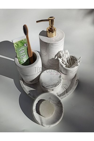 Ture Concept Marble Look Bathroom Set & Tray#& Liquid Soap Dispenser & Solid Soap Dispenser & Toothbrush Holder & Cotton Dispenser